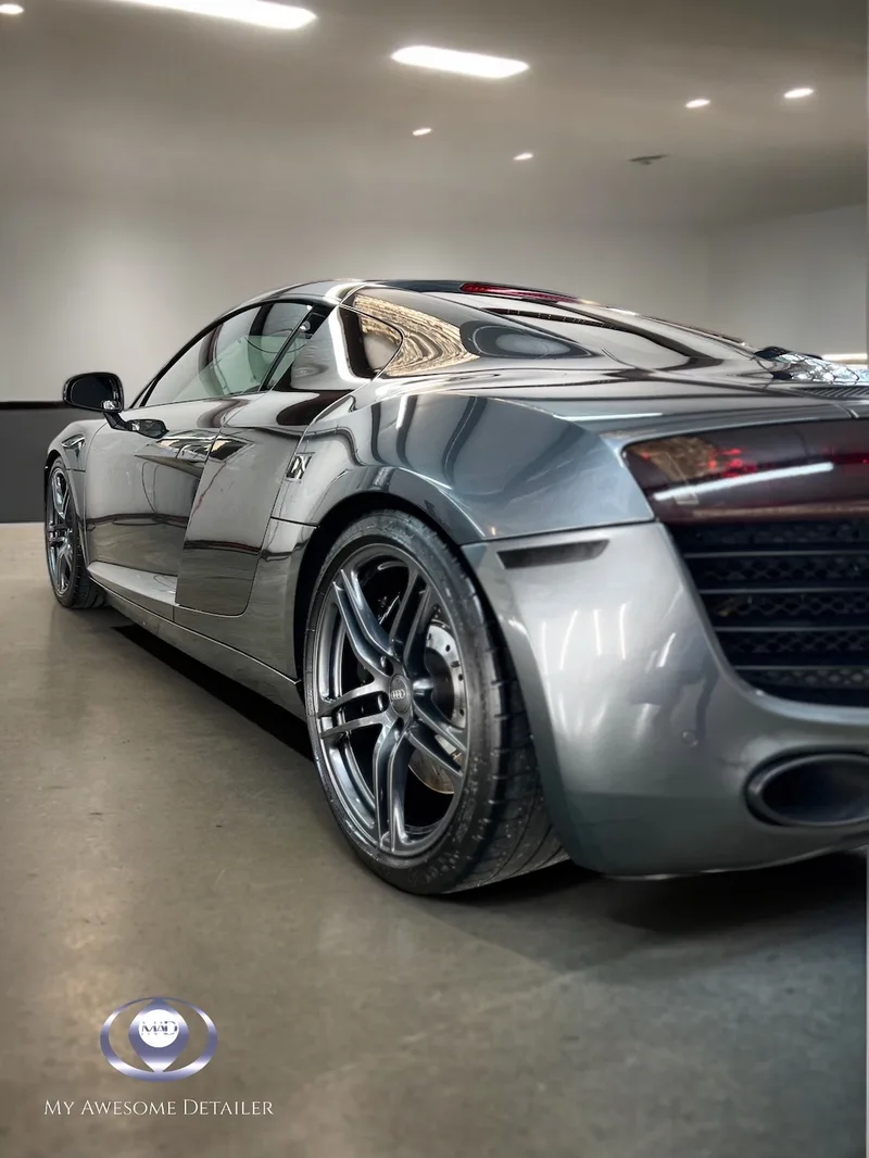 Gray Audi R8 rear quarter with ceramic coating